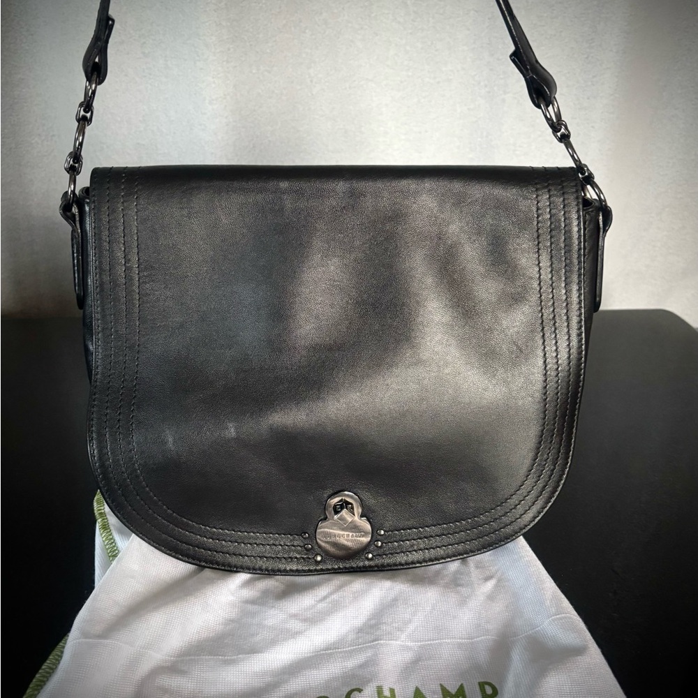Authentic Longchamp Lambskin Leather Shoulder Bag Purse Black- Made in France